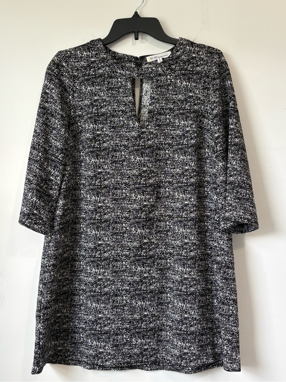BCBGeneration Black & White Long Sleeve Tweed Shift Dress